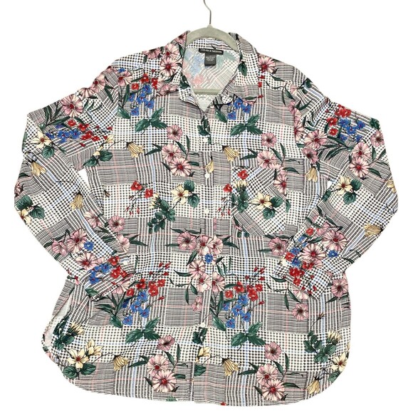 Chelsea & Theodore L Blouse Floral Houndstooth Button Front Layer Grandmacore - Picture 3 of 11